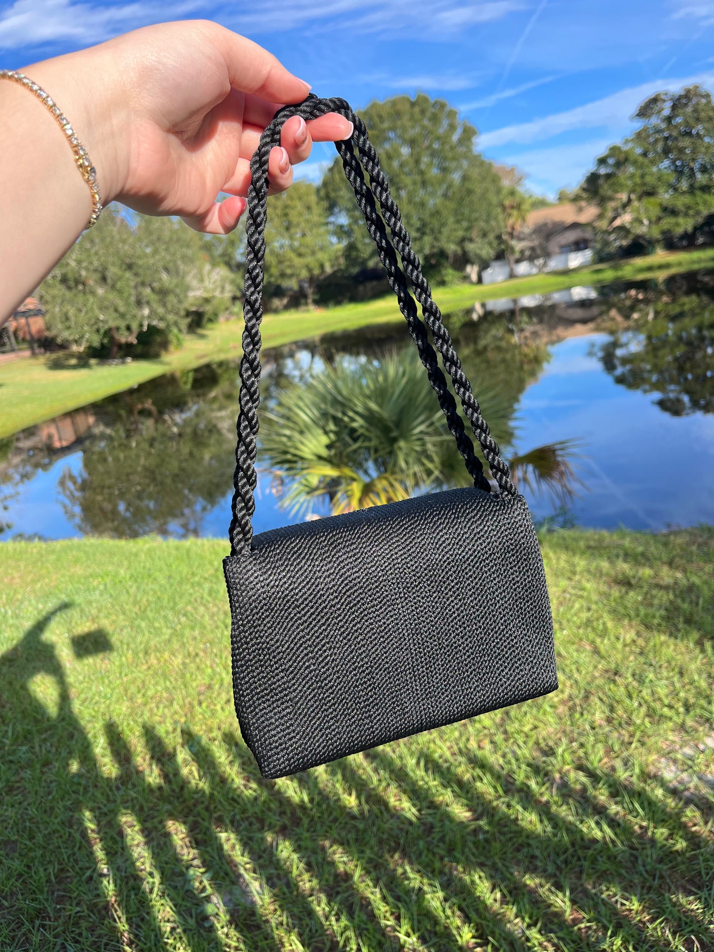 Chanel 1997 Black Silk Rope Mini Dual Handle Shoulder Bag