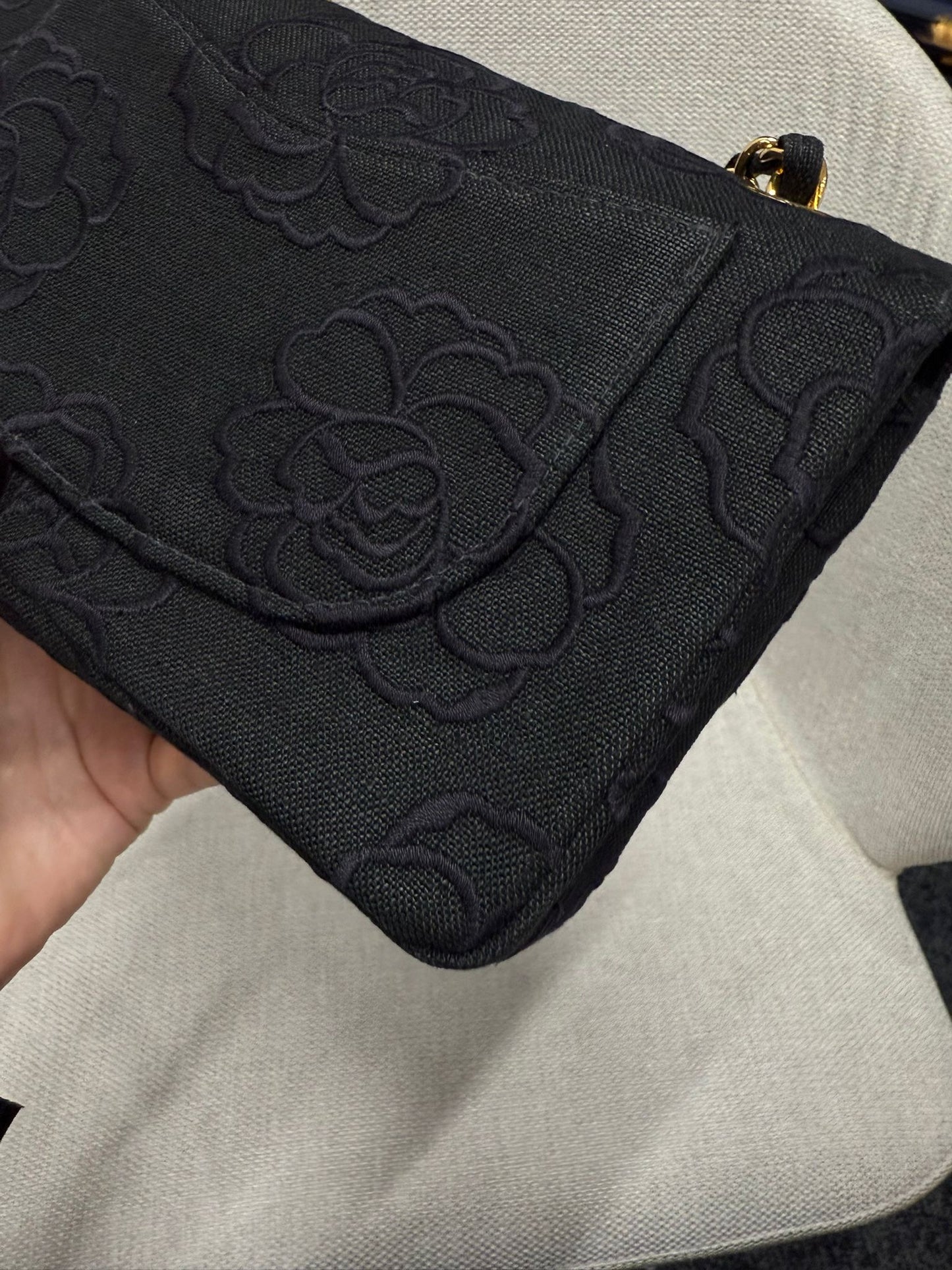 Chanel 1997 Small 24K Black Camellia Classic Flap Bag