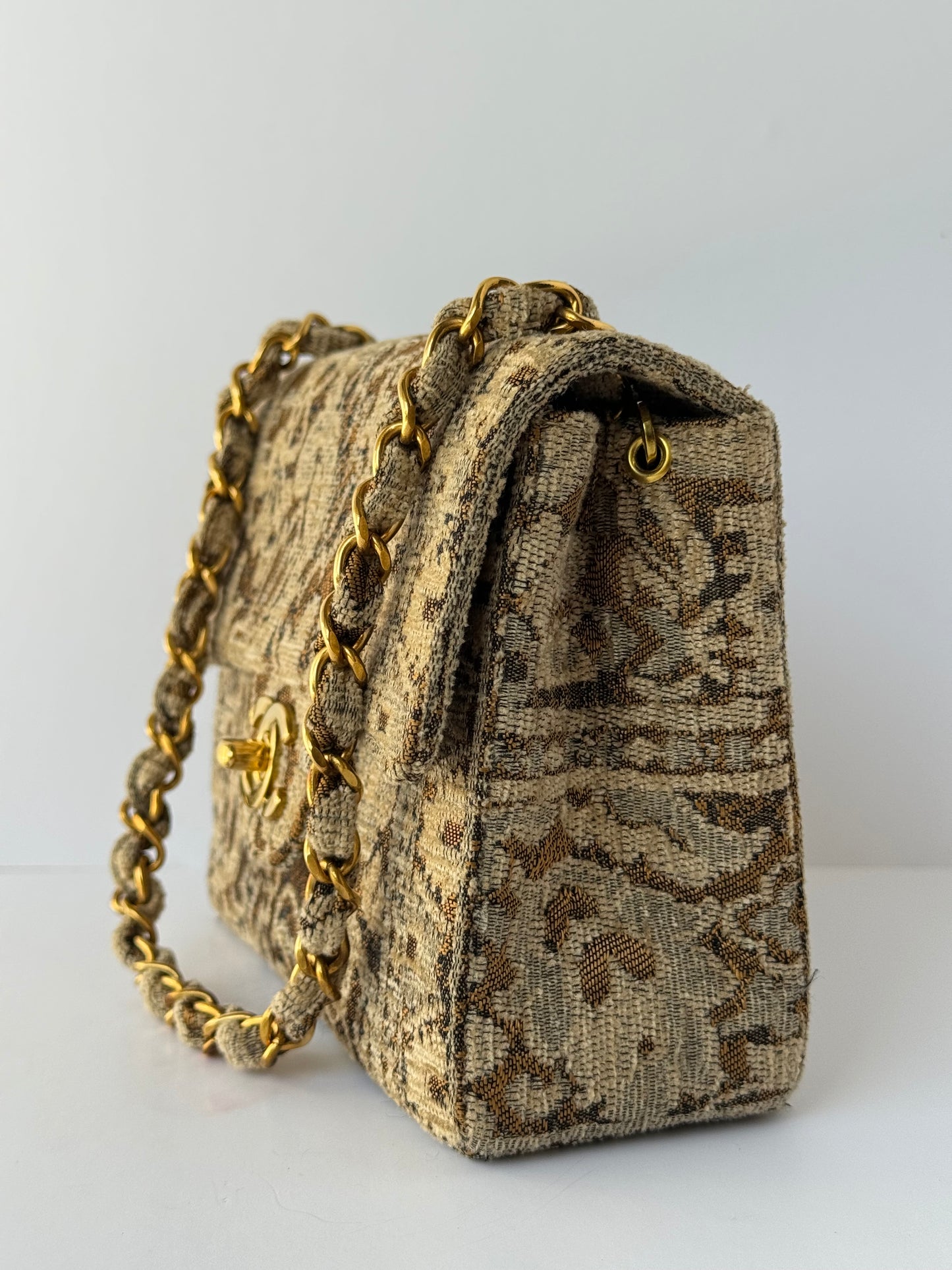 Chanel 1991 Bronze Metallic Brocade Vintage Mini Square Flap Bag