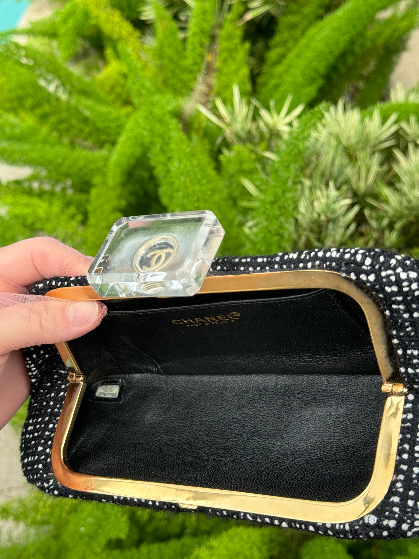Chanel 1990s Runway Tweed & Crystal CC Clutch
