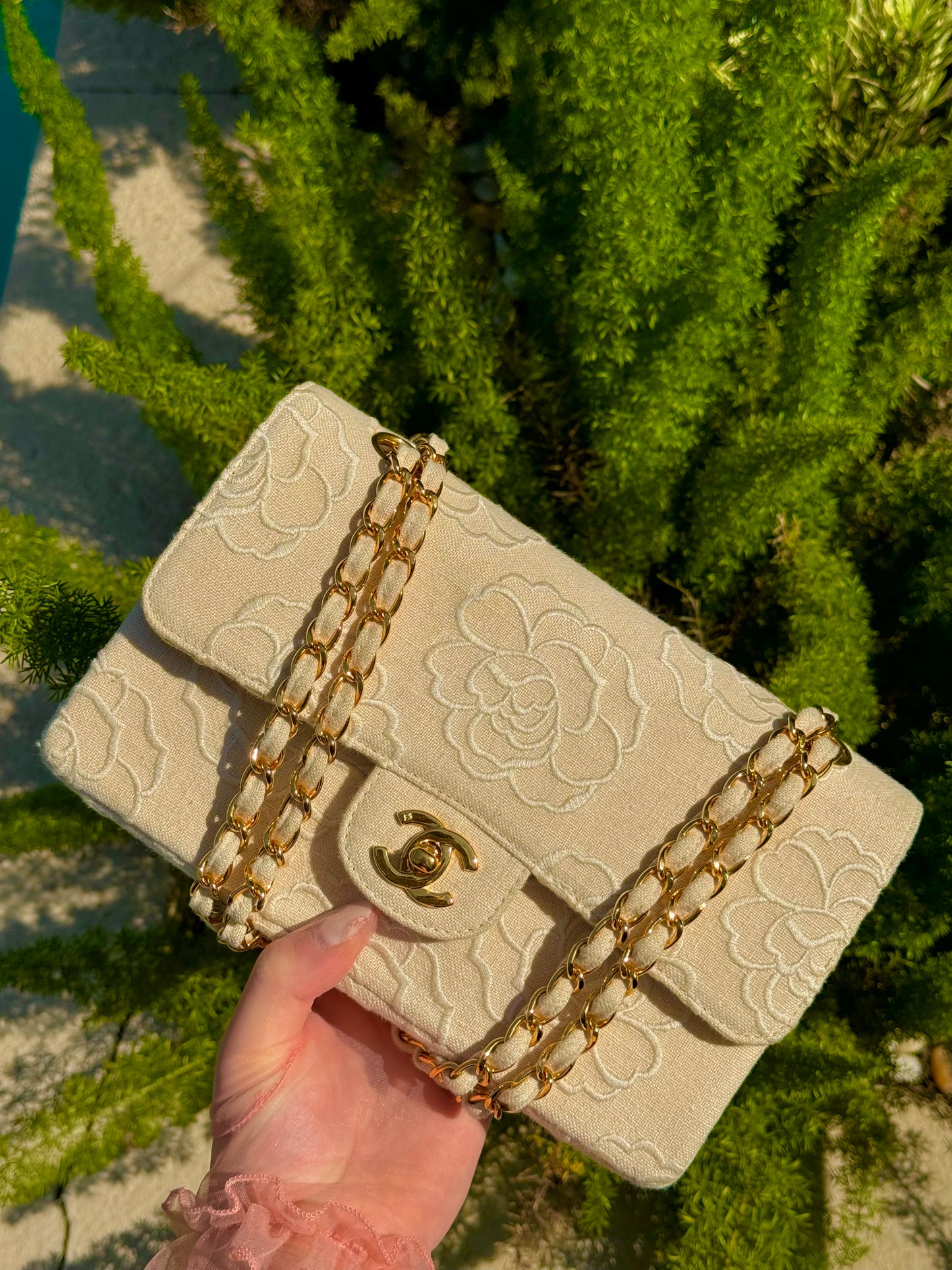 Chanel 1997 Small 24K Ivory Camellia Classic Flap Bag
