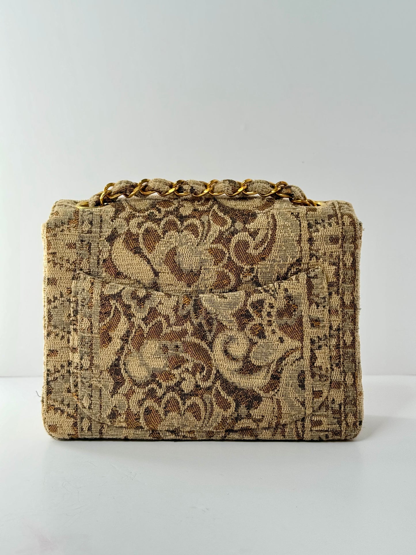 Chanel 1991 Bronze Metallic Brocade Vintage Mini Square Flap Bag