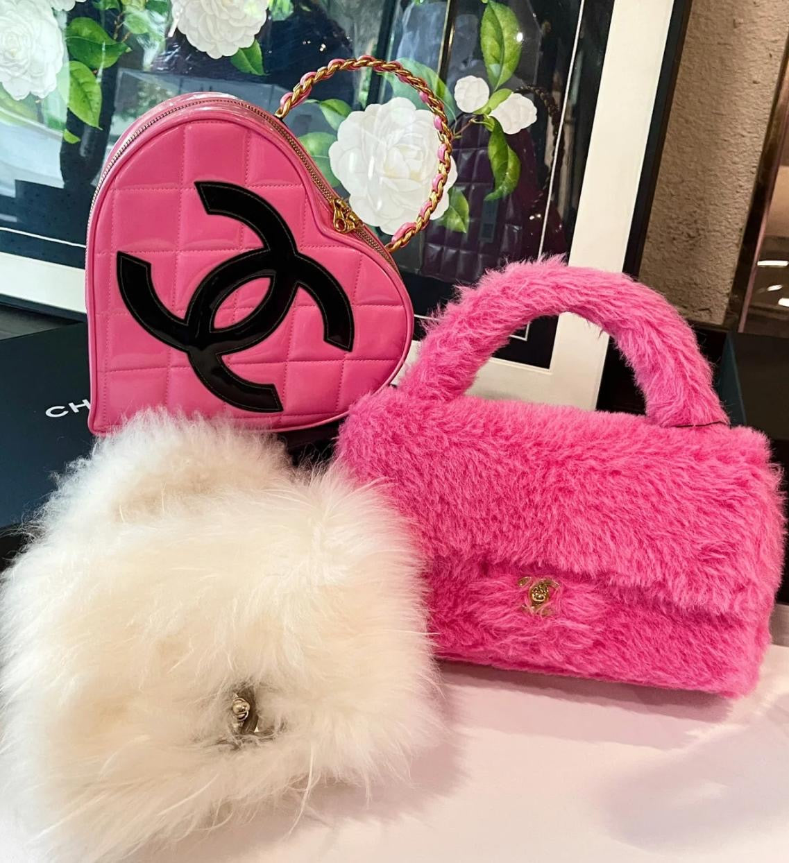Chanel RARE 1994 Pink Faux Fur Kelly Top Handle