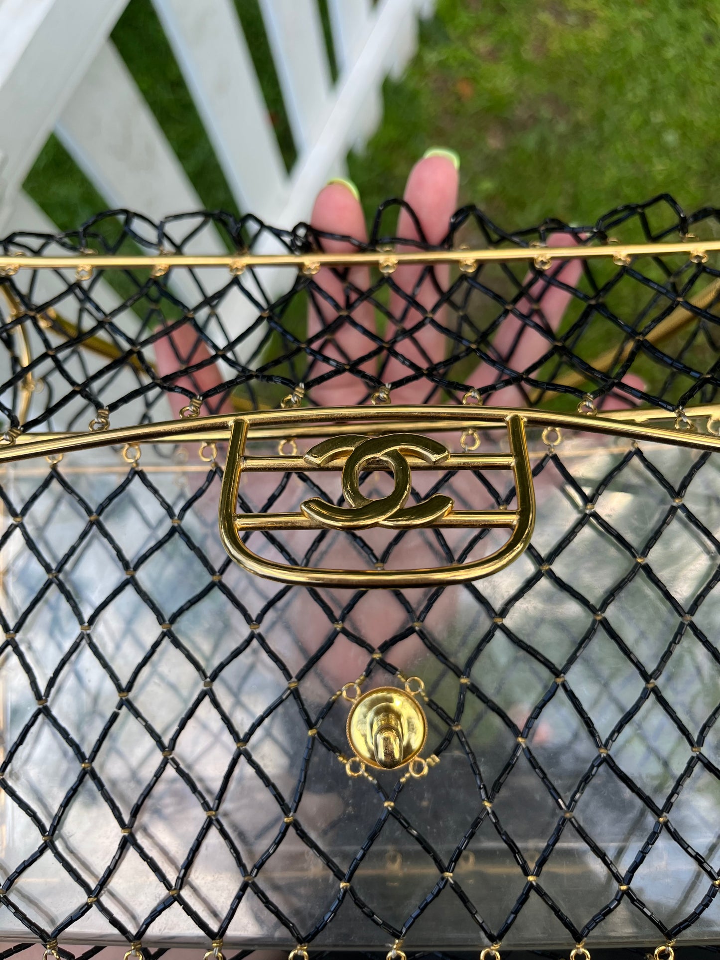 Chanel 1990s Black Beaded Lucite Medium Cage Flap