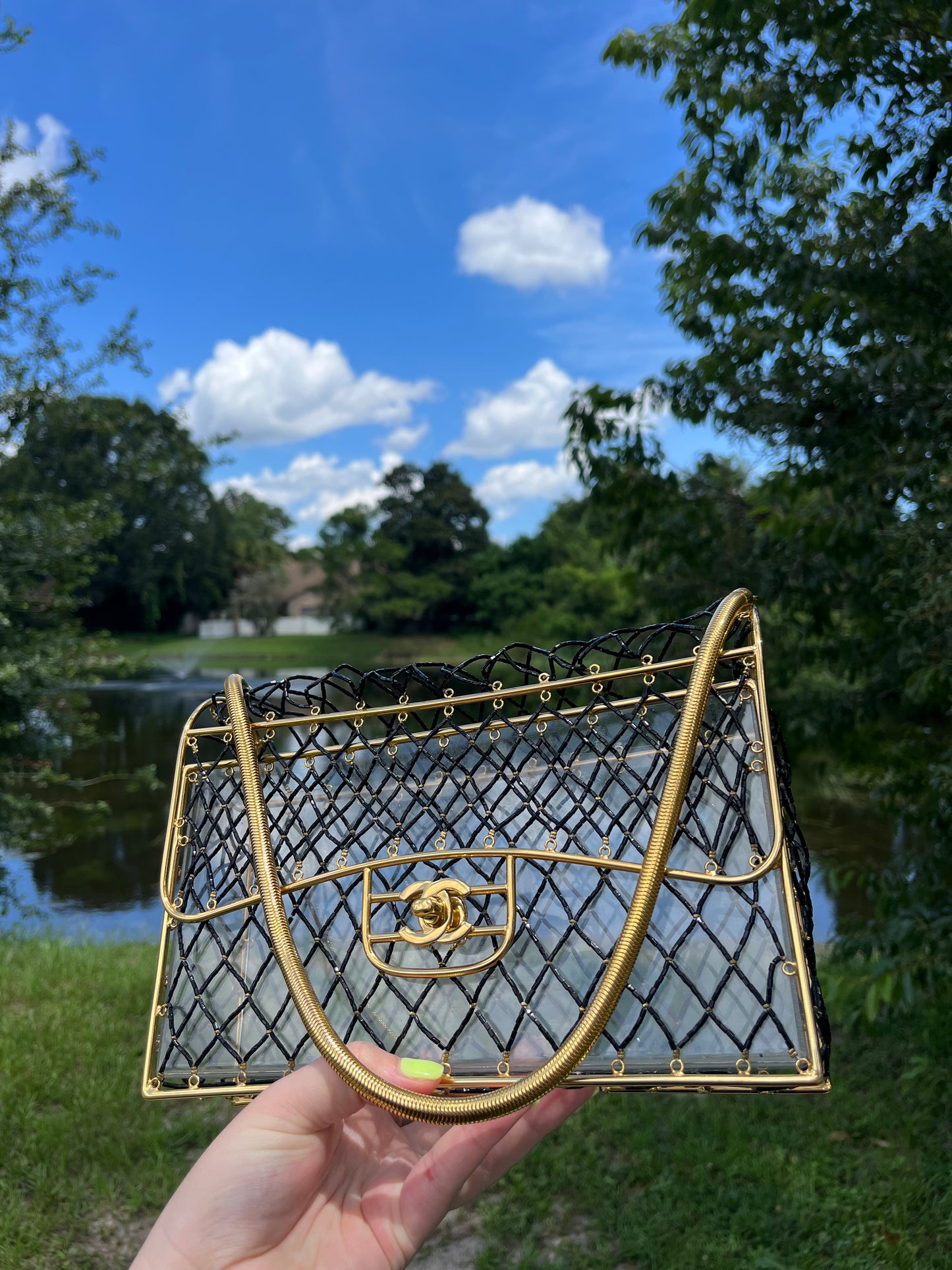 Chanel 1990s Black Beaded Lucite Medium Cage Flap