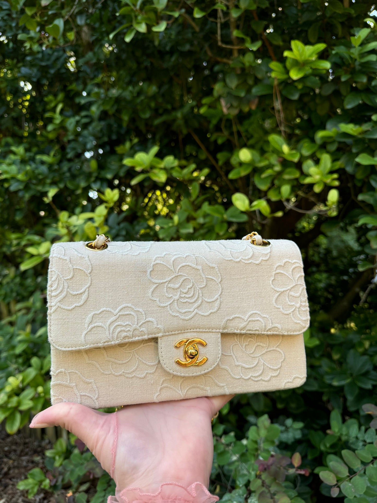 Chanel 1997 Small 24K Ivory Camellia Classic Flap Bag