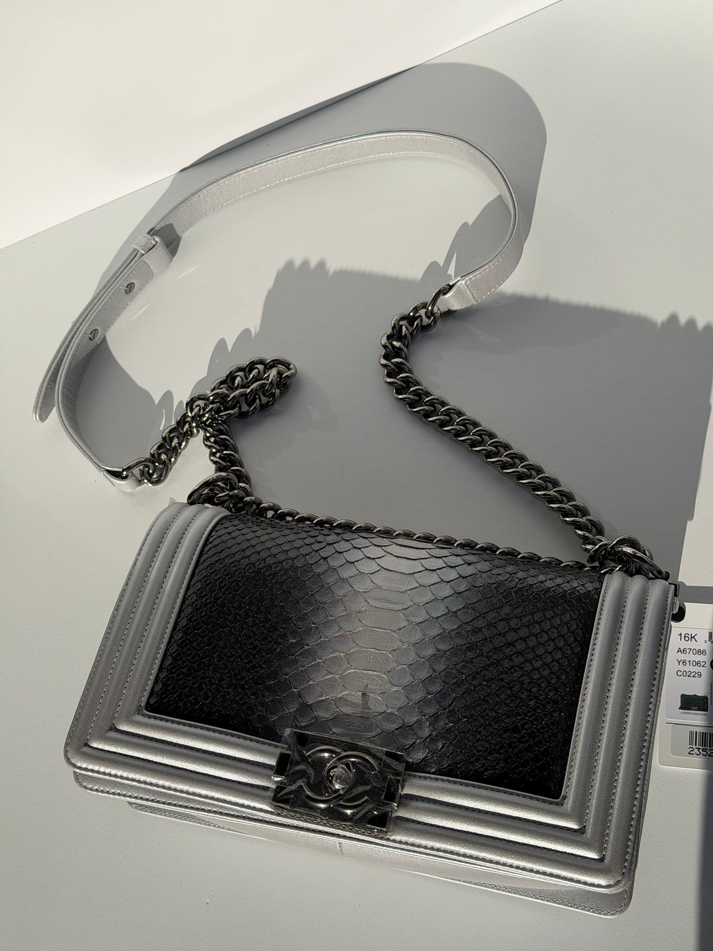 Chanel 16K Silver Python Old Medium Boy Bag