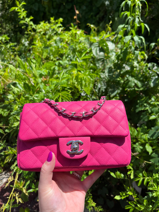 Chanel Hot Pink Caviar Mini Rectangular Flap Bag