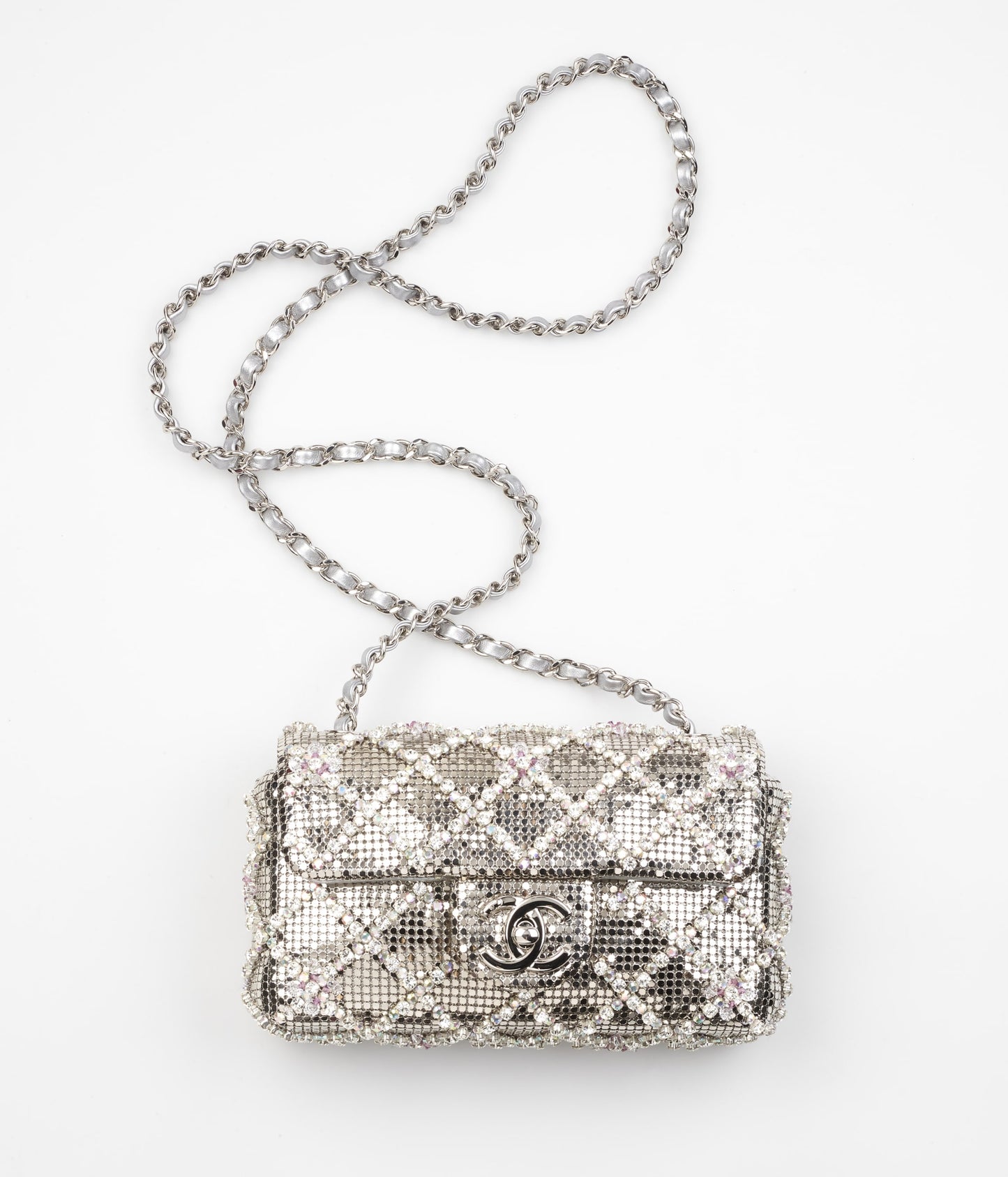 Chanel 2022 Silver Diamond Quilted Crystal Mini Flap