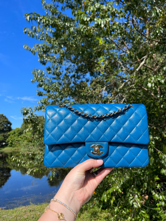 Chanel Blue Iridescent Medium Caviar Double Flap Bag