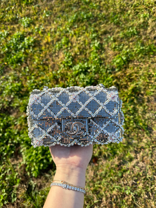 Chanel Silver Crystal Embellished Mini Flap