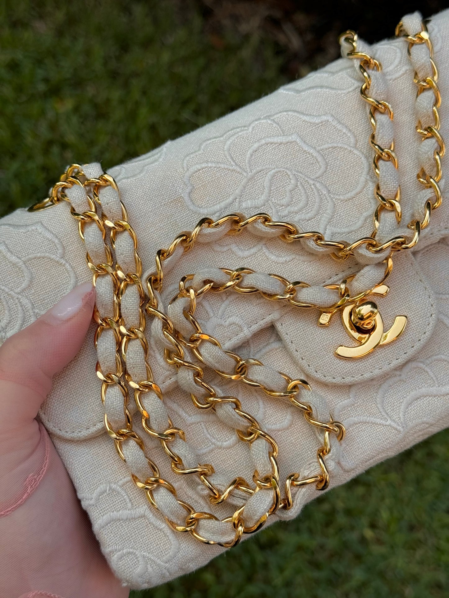 Chanel 1997 Small 24K Ivory Camellia Classic Flap Bag