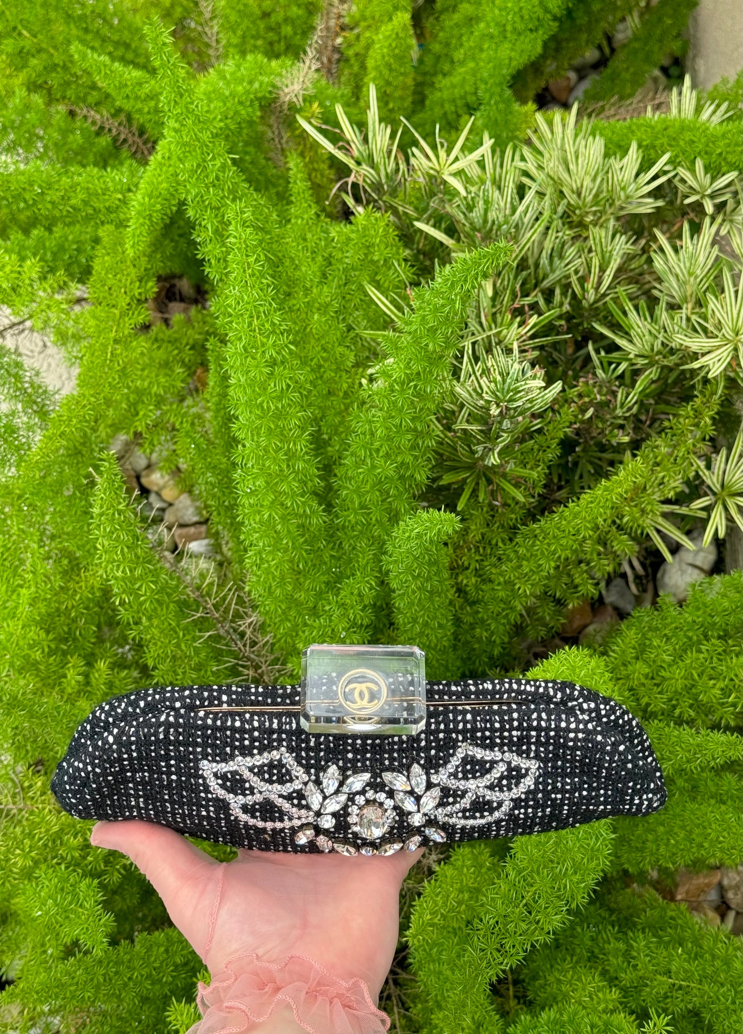 Chanel 1990s Runway Tweed & Crystal CC Clutch