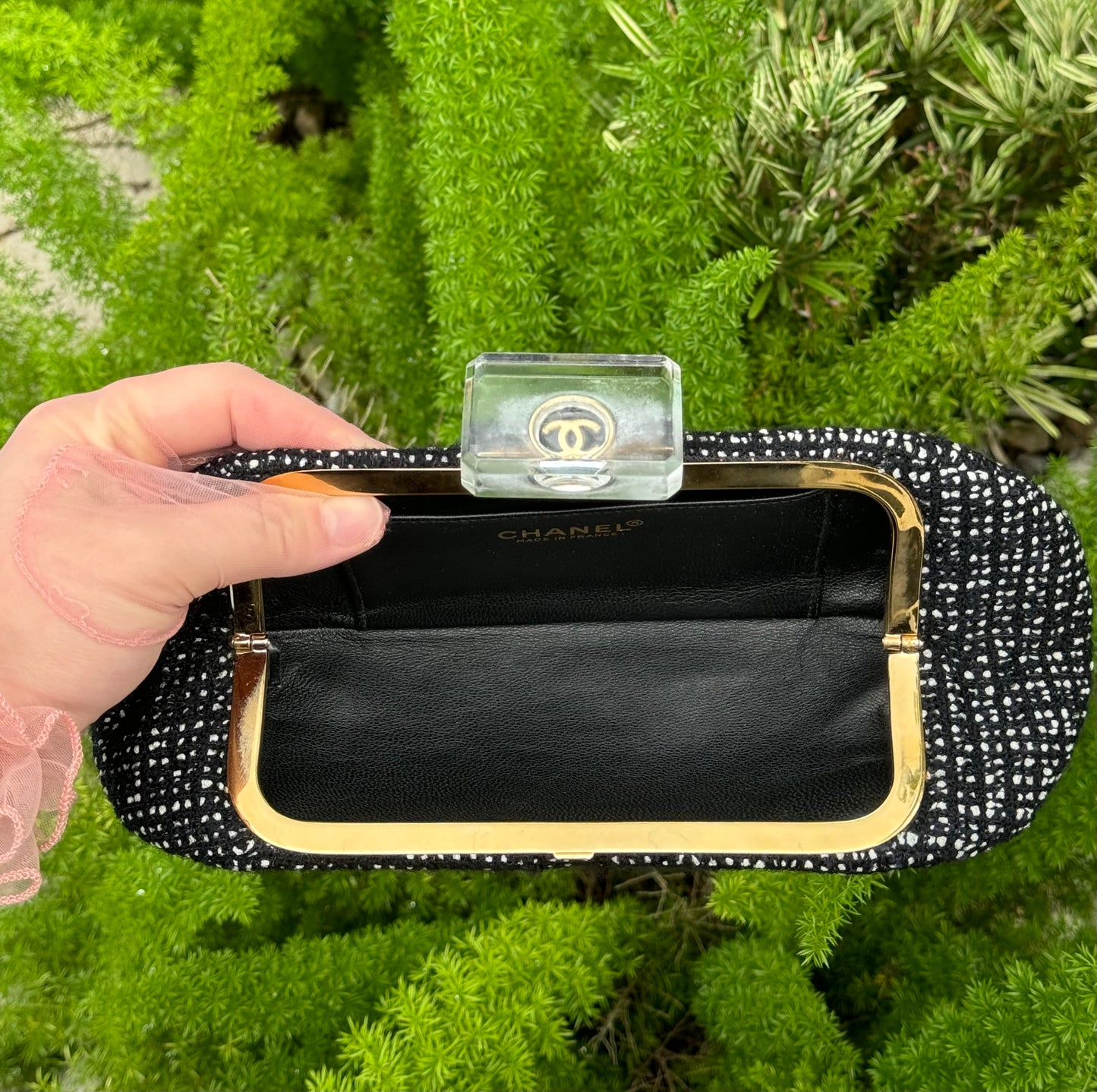 Chanel 1990s Runway Tweed & Crystal CC Clutch