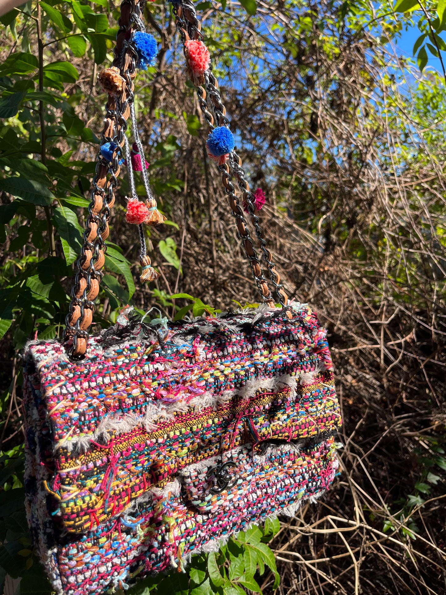 Chanel Jumbo Multicolor Tweed Pom Pom Flap