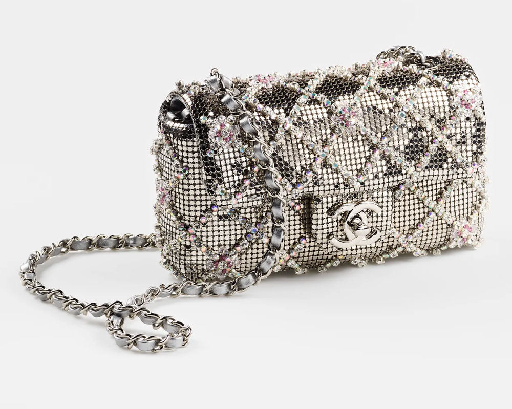 Chanel 2022 Silver Diamond Quilted Crystal Mini Flap