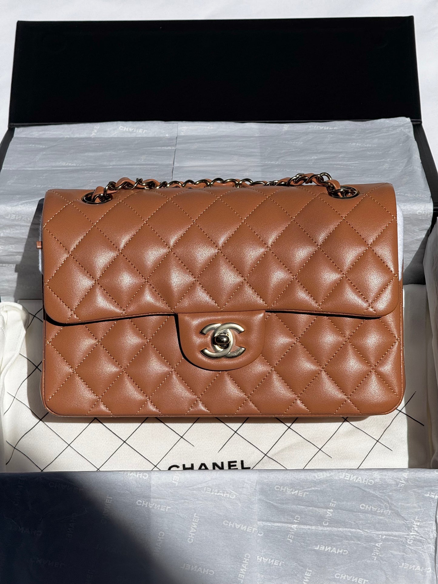 Chanel 22S Small Caramel Lambskin Classic Flap Bag + LGHW