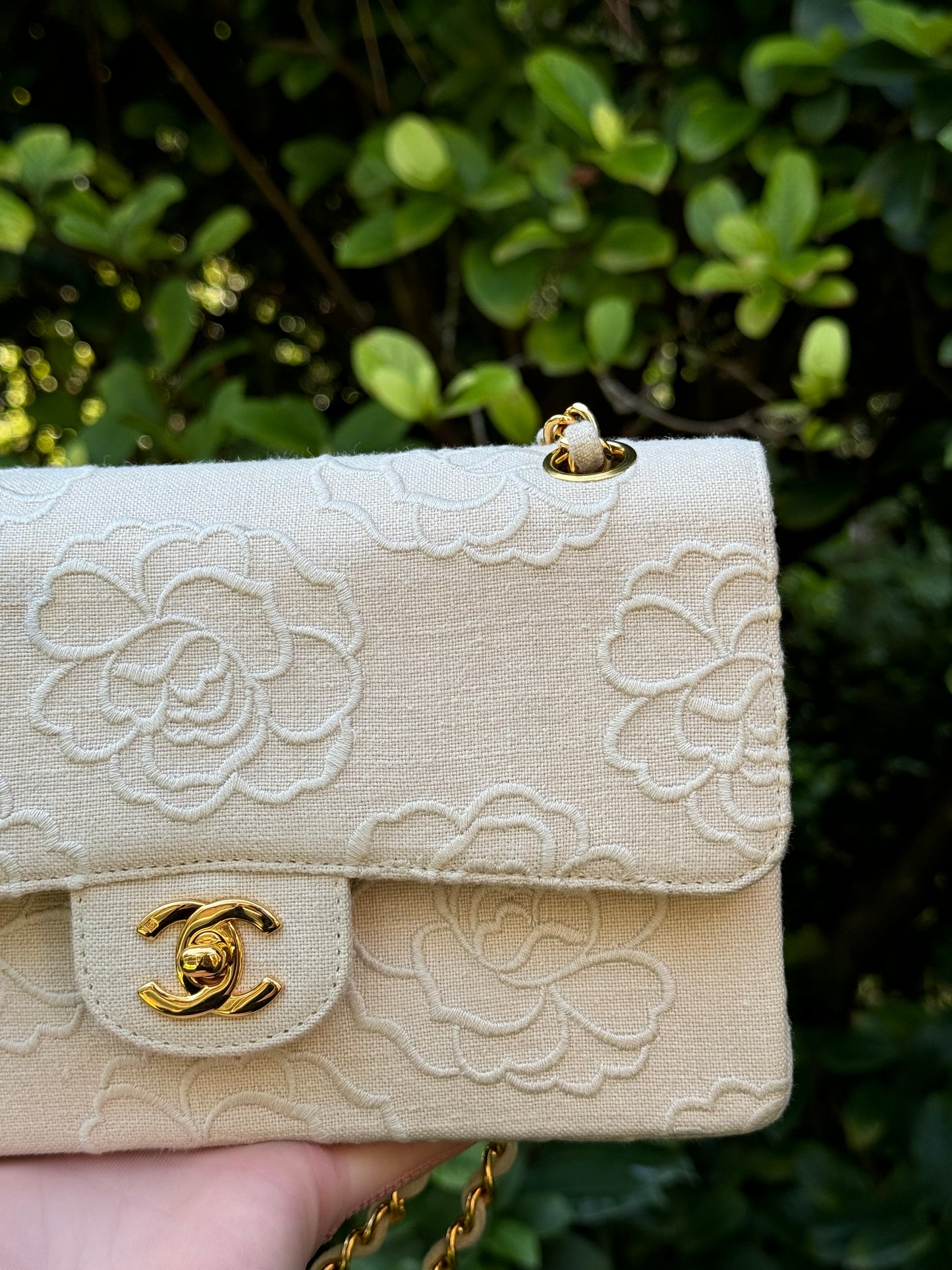 Chanel 1997 Small 24K Ivory Camellia Classic Flap Bag
