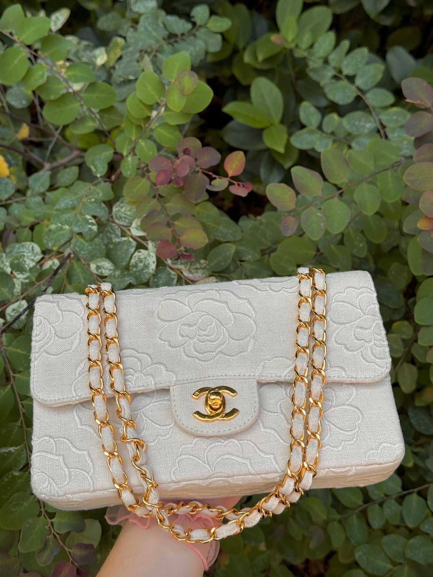 Chanel 1997 Small 24K Ivory Camellia Classic Flap Bag