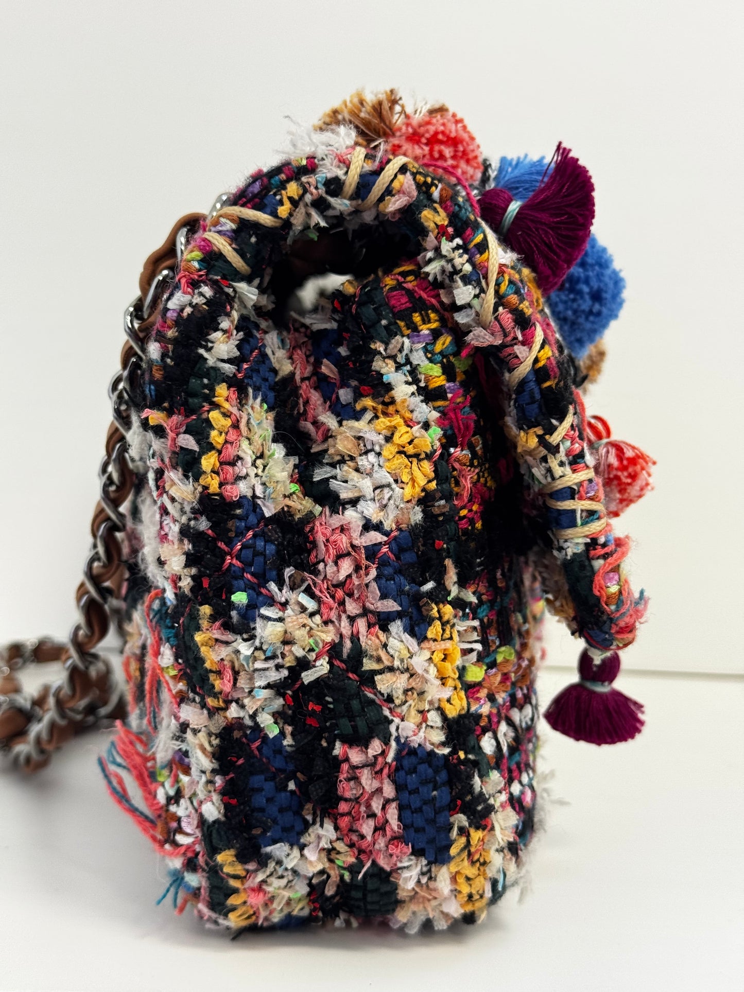 Chanel Medium Multicolor Tweed Pom Pom Flap