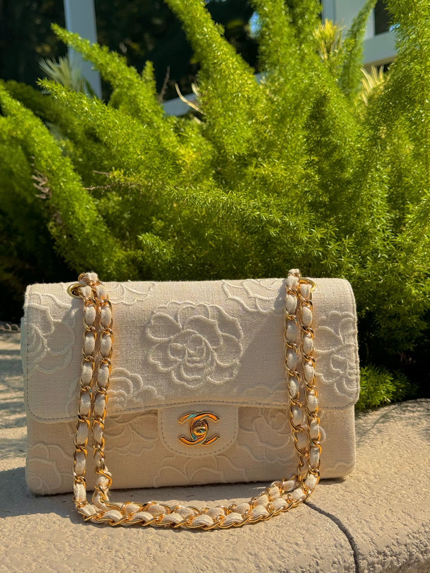 Chanel 1997 Small 24K Ivory Camellia Classic Flap Bag
