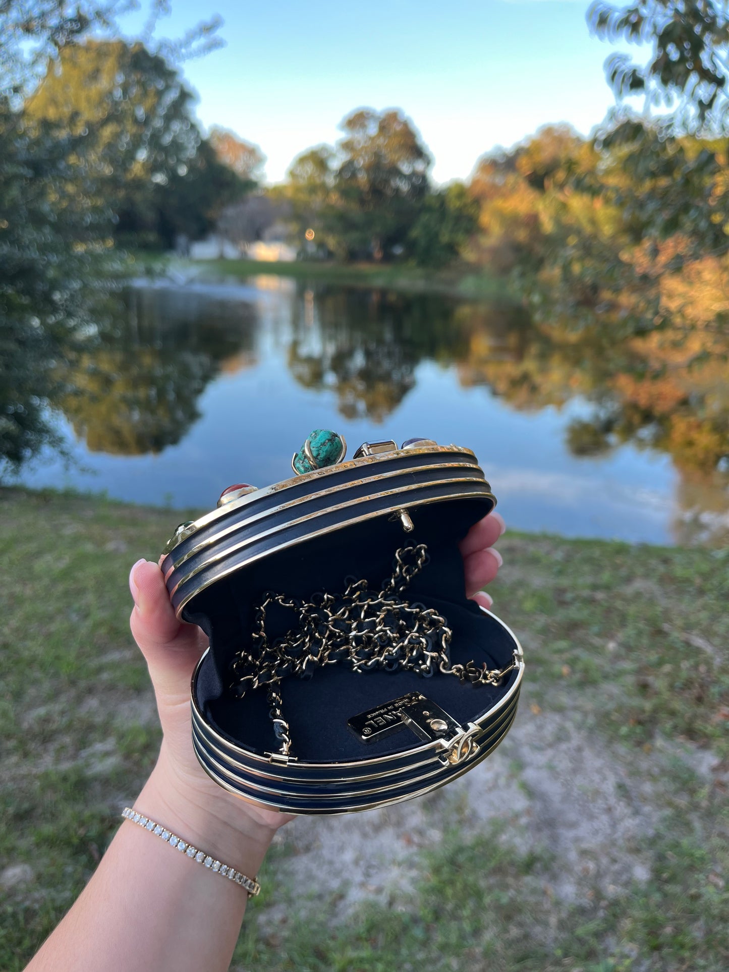 Chanel Navy Blue Horoscope Metal Gripoix Crystal Mini Minaudière Bag
