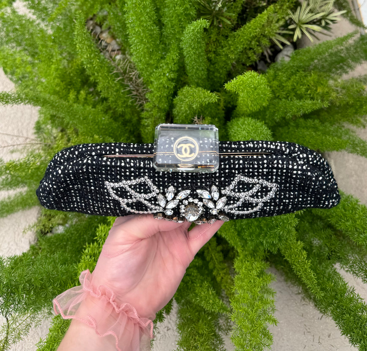 Chanel 1990s Runway Tweed & Crystal CC Clutch
