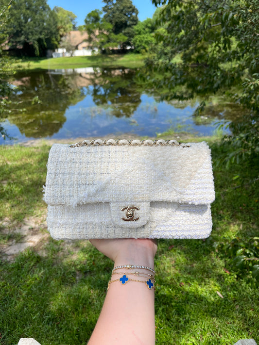 Chanel White Medium Tweed Patchwork Flap Bag