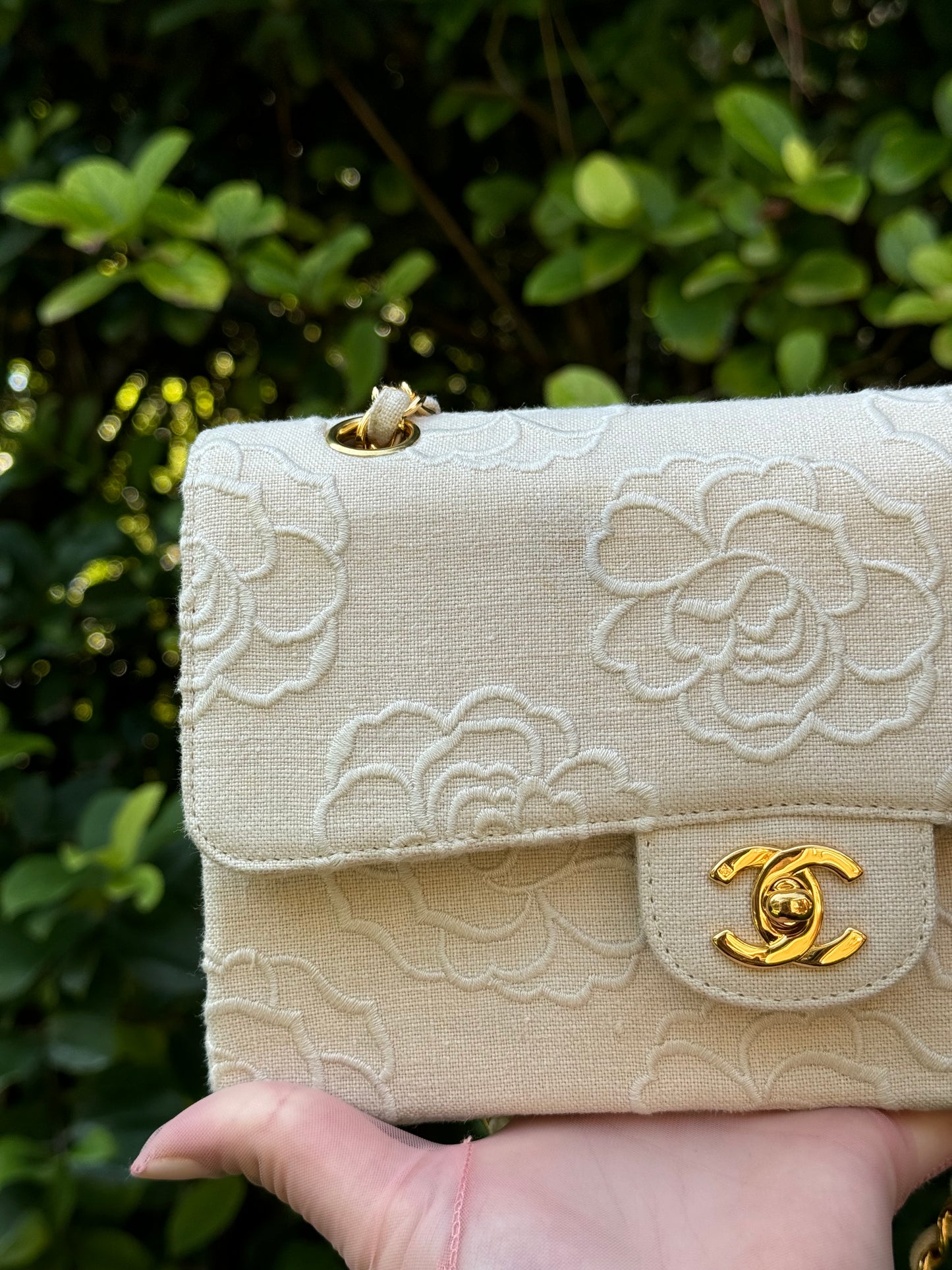 Chanel 1997 Small 24K Ivory Camellia Classic Flap Bag