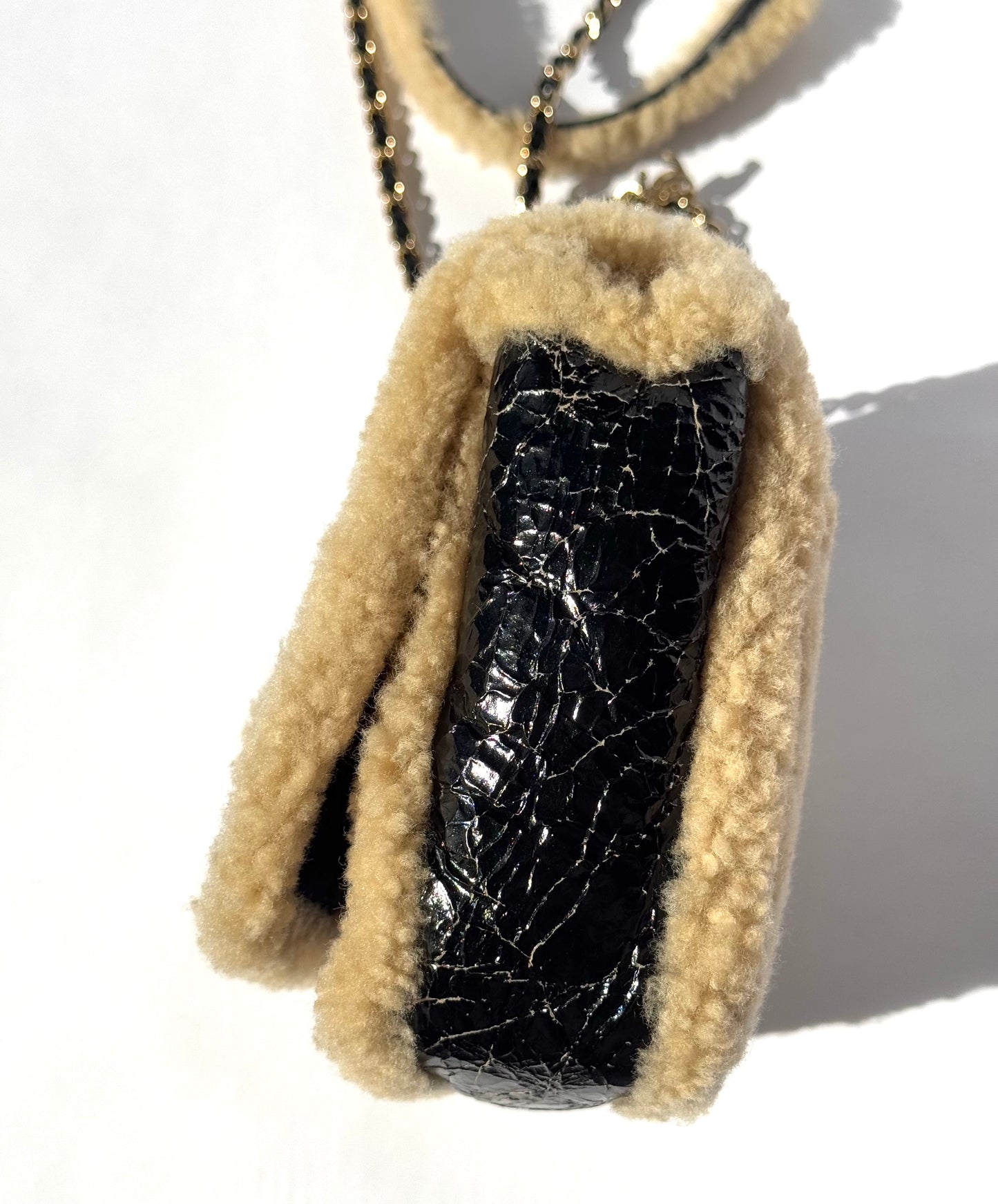 Chanel Black Shiny Crumpled Sheepskin and Shearling Mania Flap