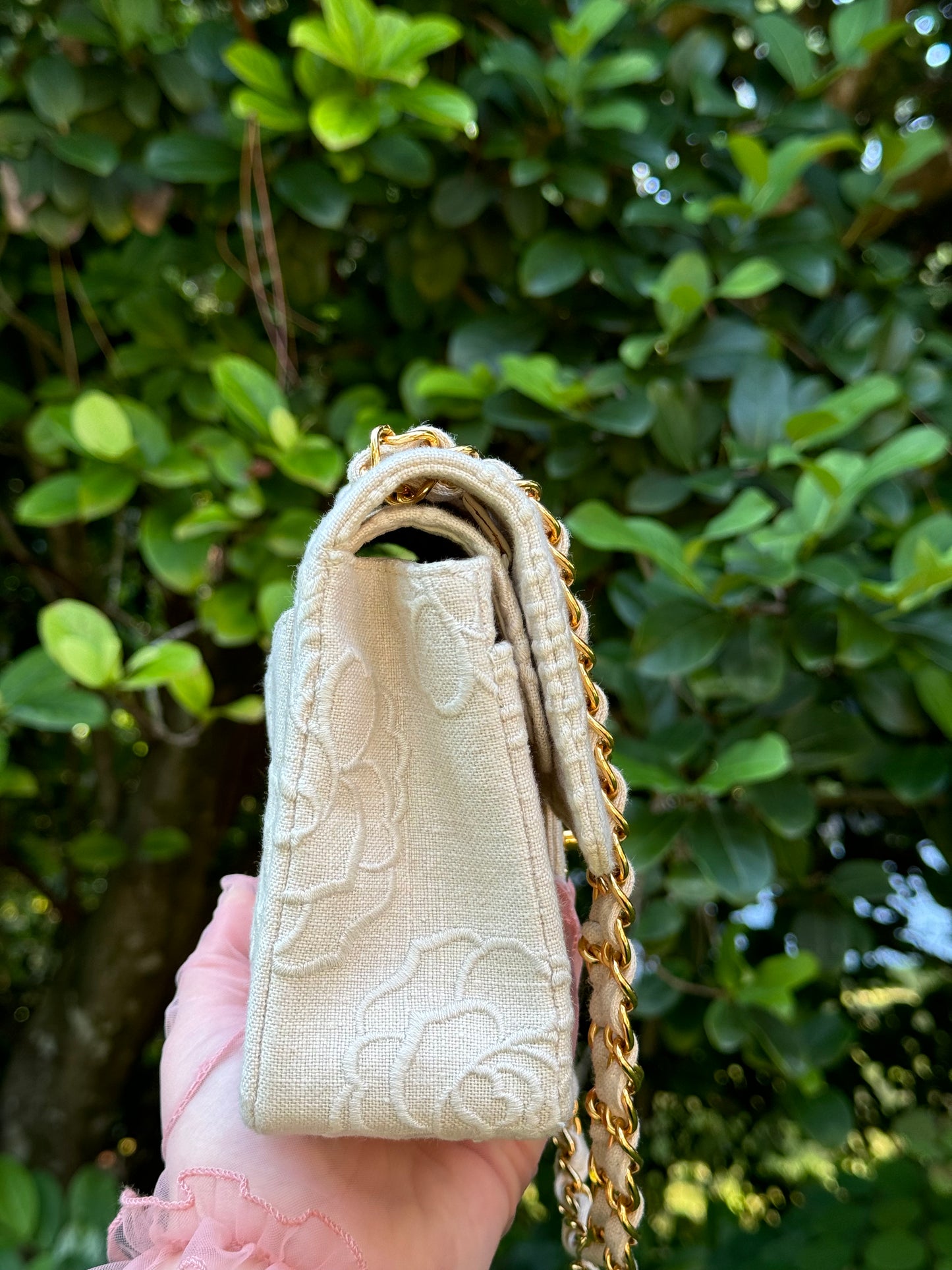 Chanel 1997 Small 24K Ivory Camellia Classic Flap Bag
