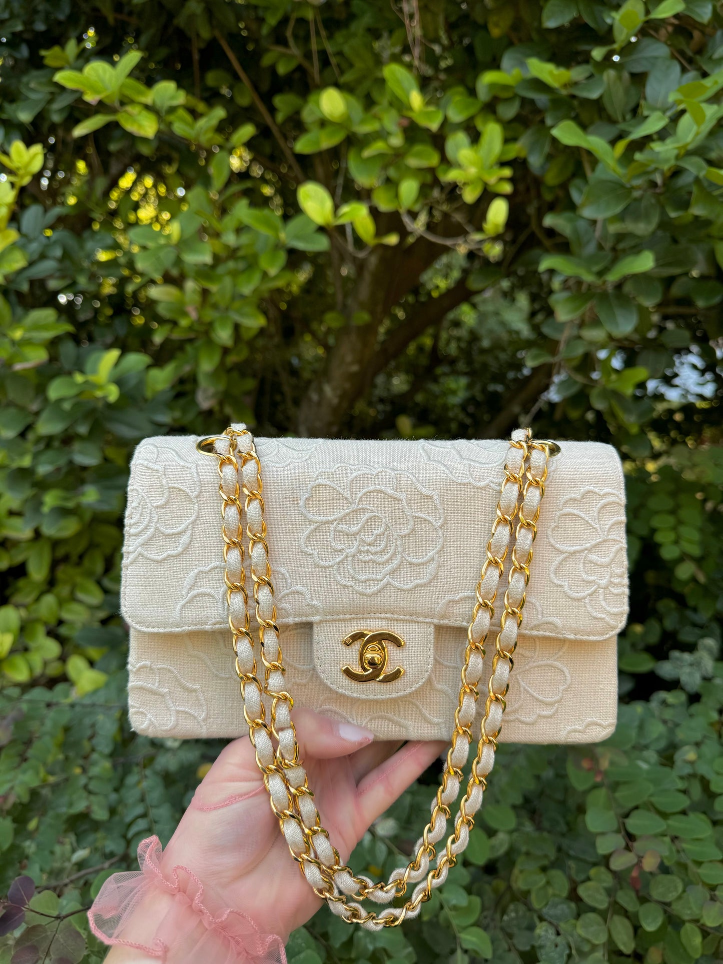 Chanel 1997 Small 24K Ivory Camellia Classic Flap Bag