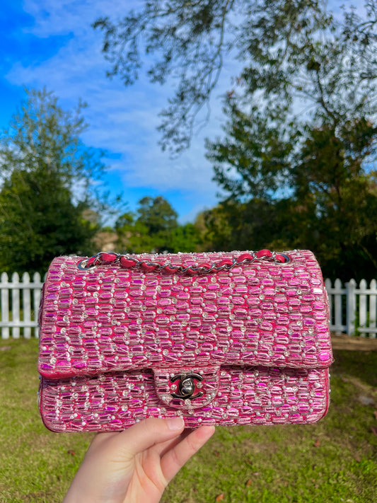 Chanel Pink Beaded Satin Medium Double Flap Bag