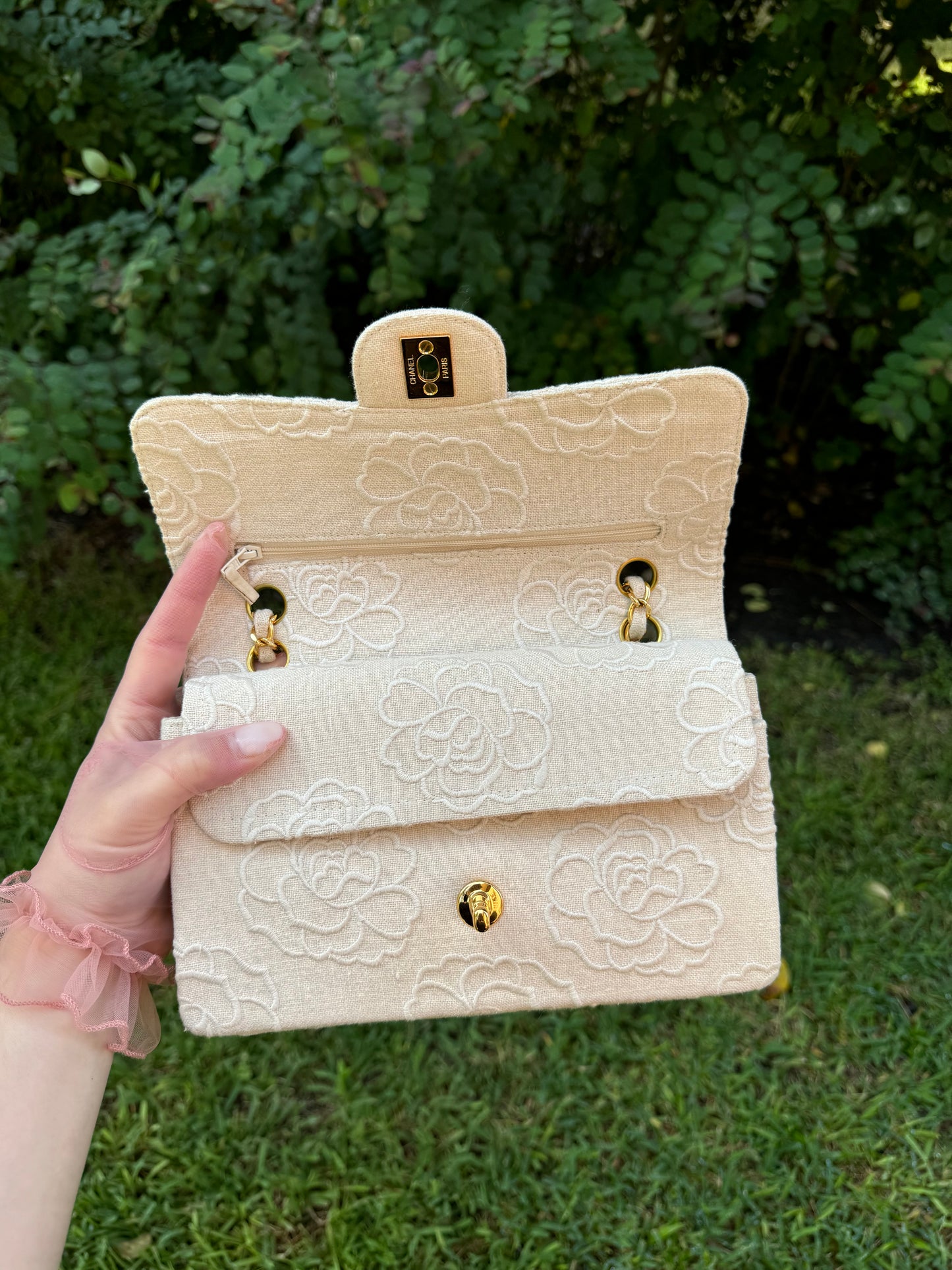Chanel 1997 Small 24K Ivory Camellia Classic Flap Bag