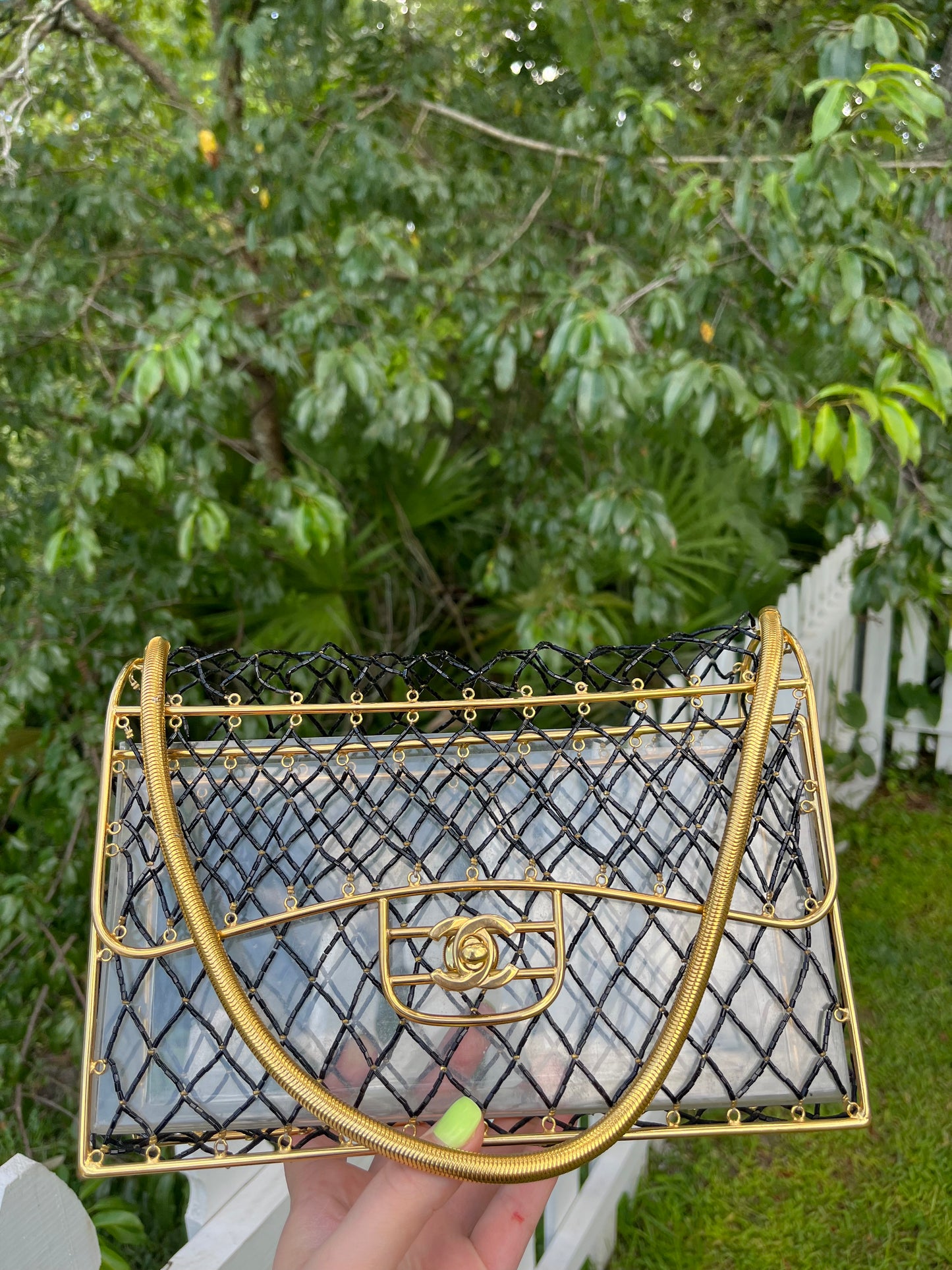 Chanel 1990s Black Beaded Lucite Medium Cage Flap