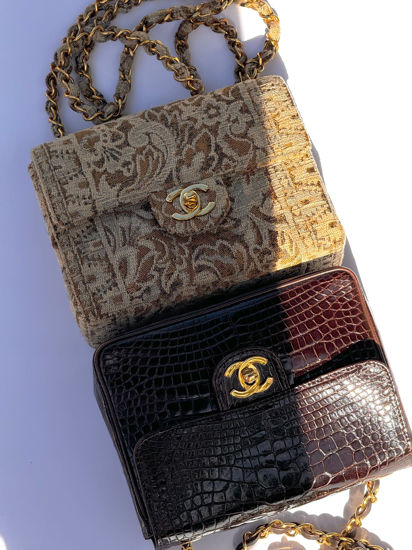 Chanel 1991 Bronze Metallic Brocade Vintage Mini Square Flap Bag