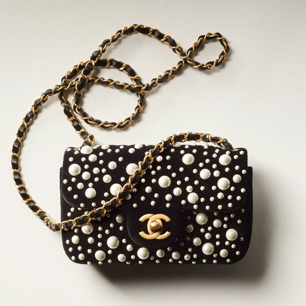 Chanel Black Velvet Mini Pearl Flap Bag