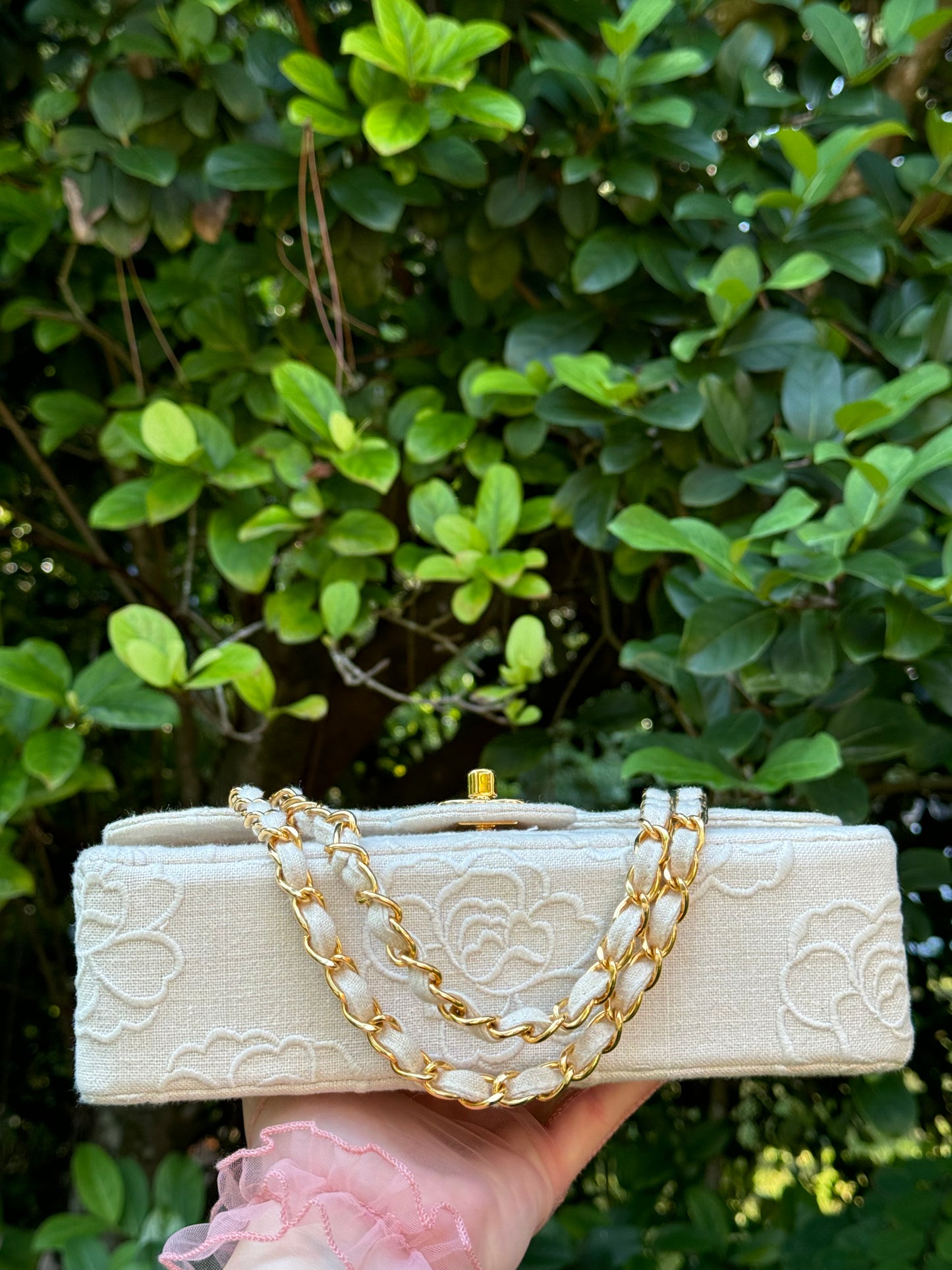 Chanel 1997 Small 24K Ivory Camellia Classic Flap Bag