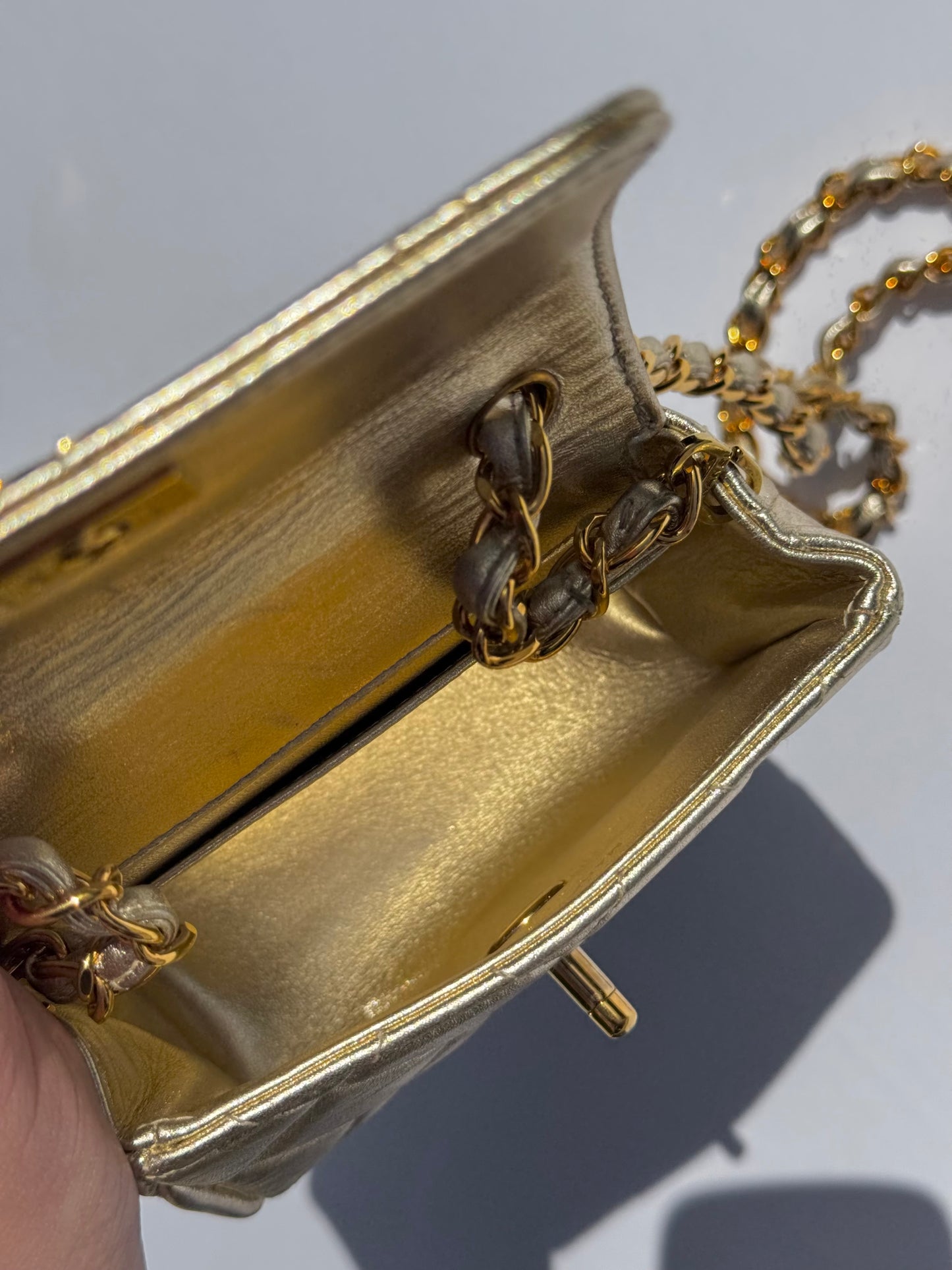 Chanel 1994 Vintage Metallic Gold Extra Mini Flap Bag