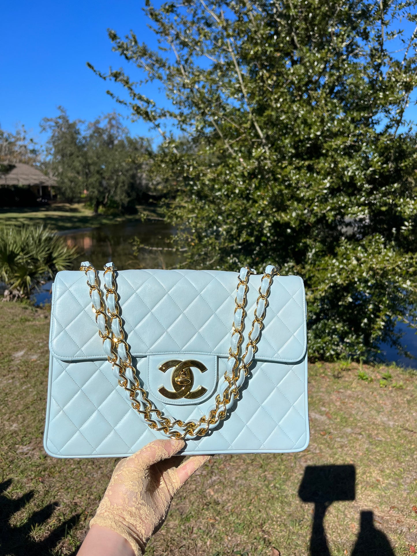 Chanel Baby Blue Maxi Lambskin Flap Bag