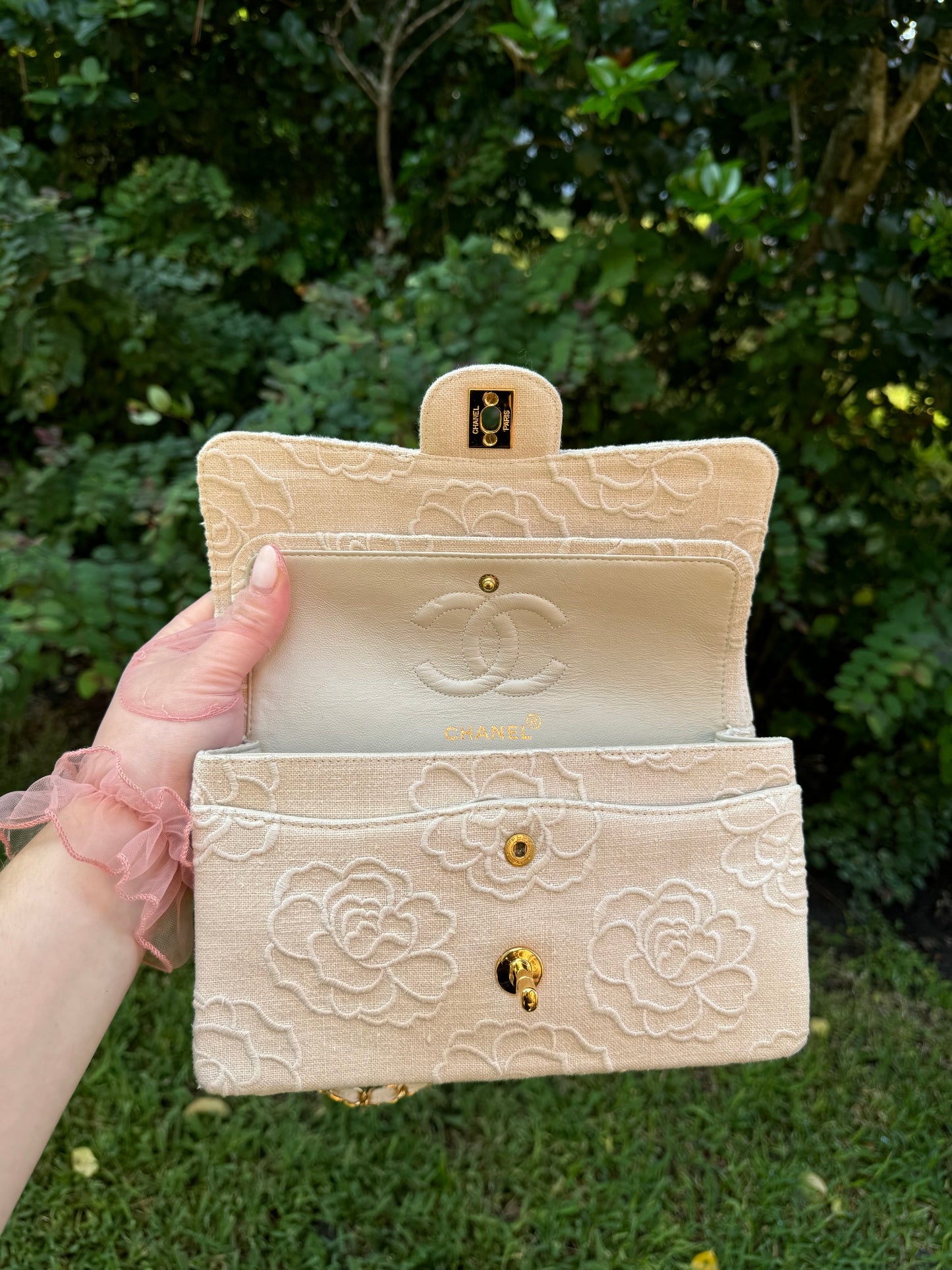 Chanel 1997 Small 24K Ivory Camellia Classic Flap Bag