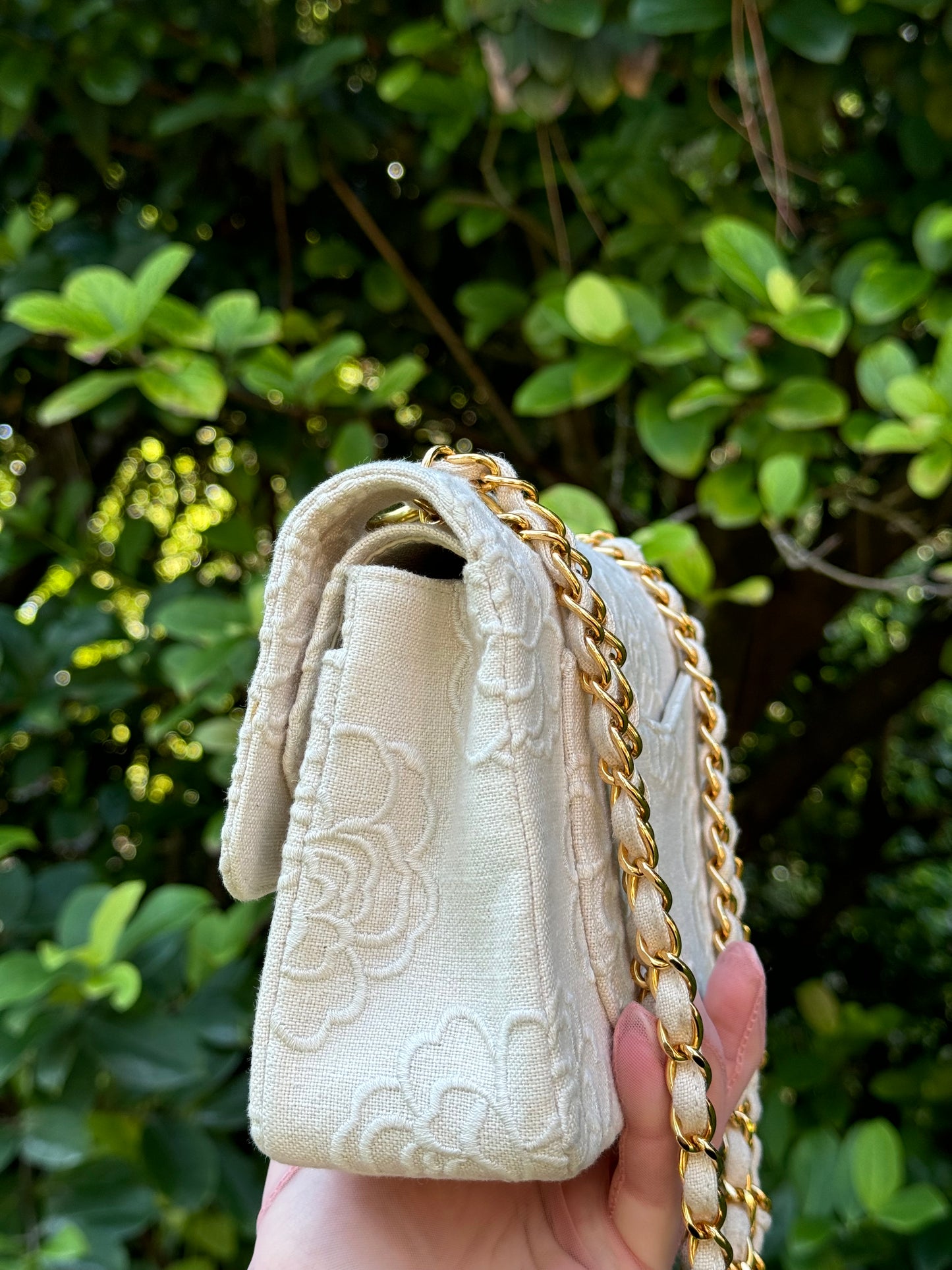 Chanel 1997 Small 24K Ivory Camellia Classic Flap Bag