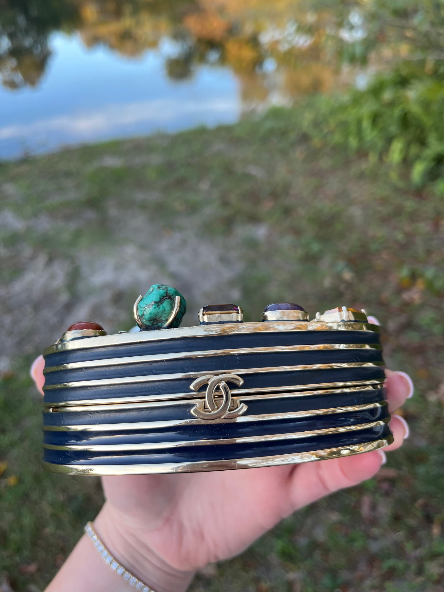 Chanel Navy Blue Horoscope Metal Gripoix Crystal Mini Minaudière Bag