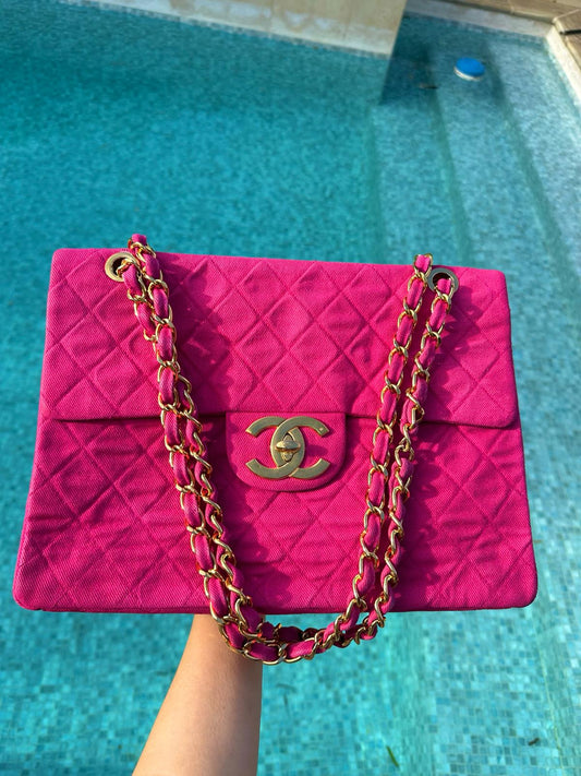Chanel 1990 RARE Hot Pink Denim Maxi Flap Bag