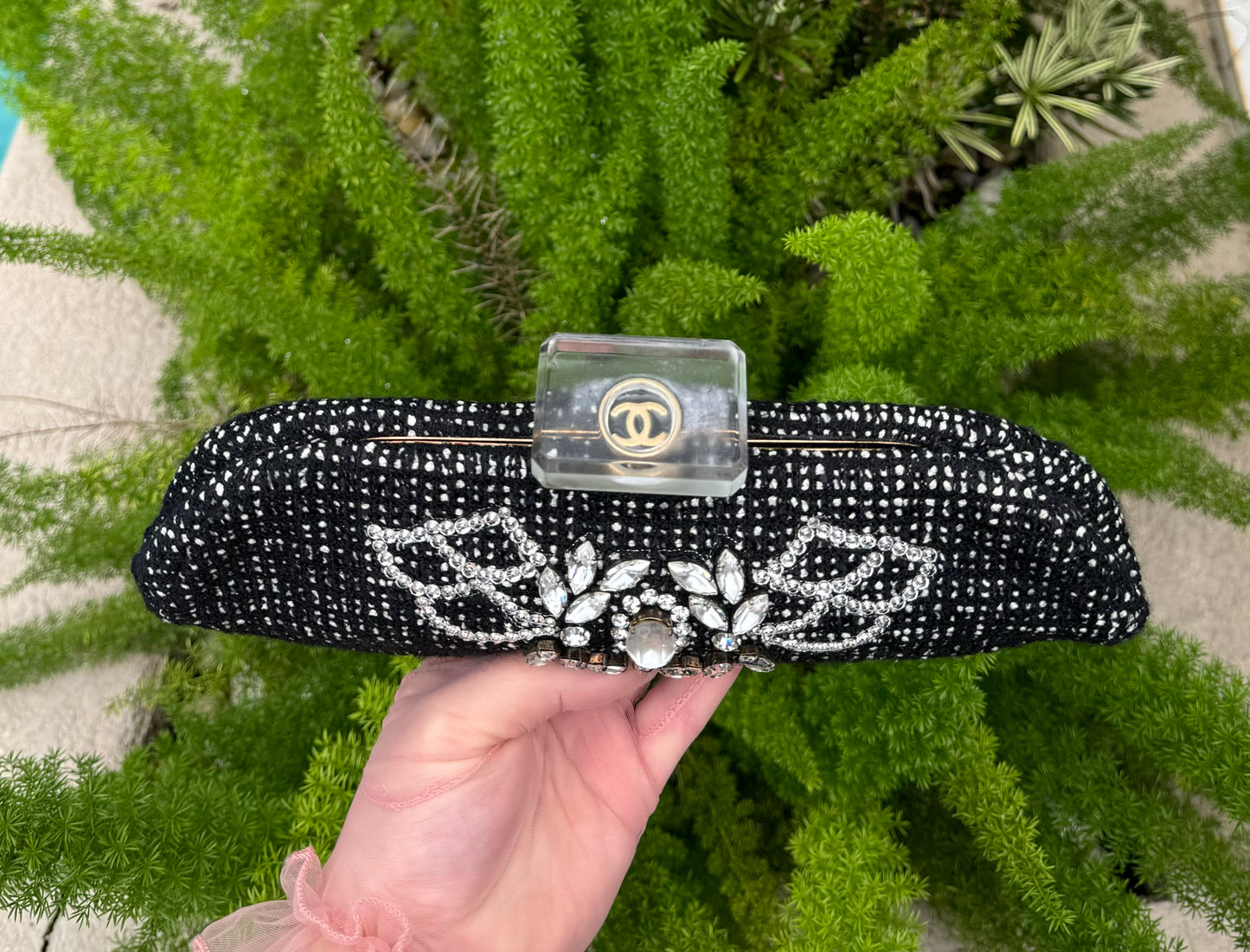 Chanel 1990s Runway Tweed & Crystal CC Clutch