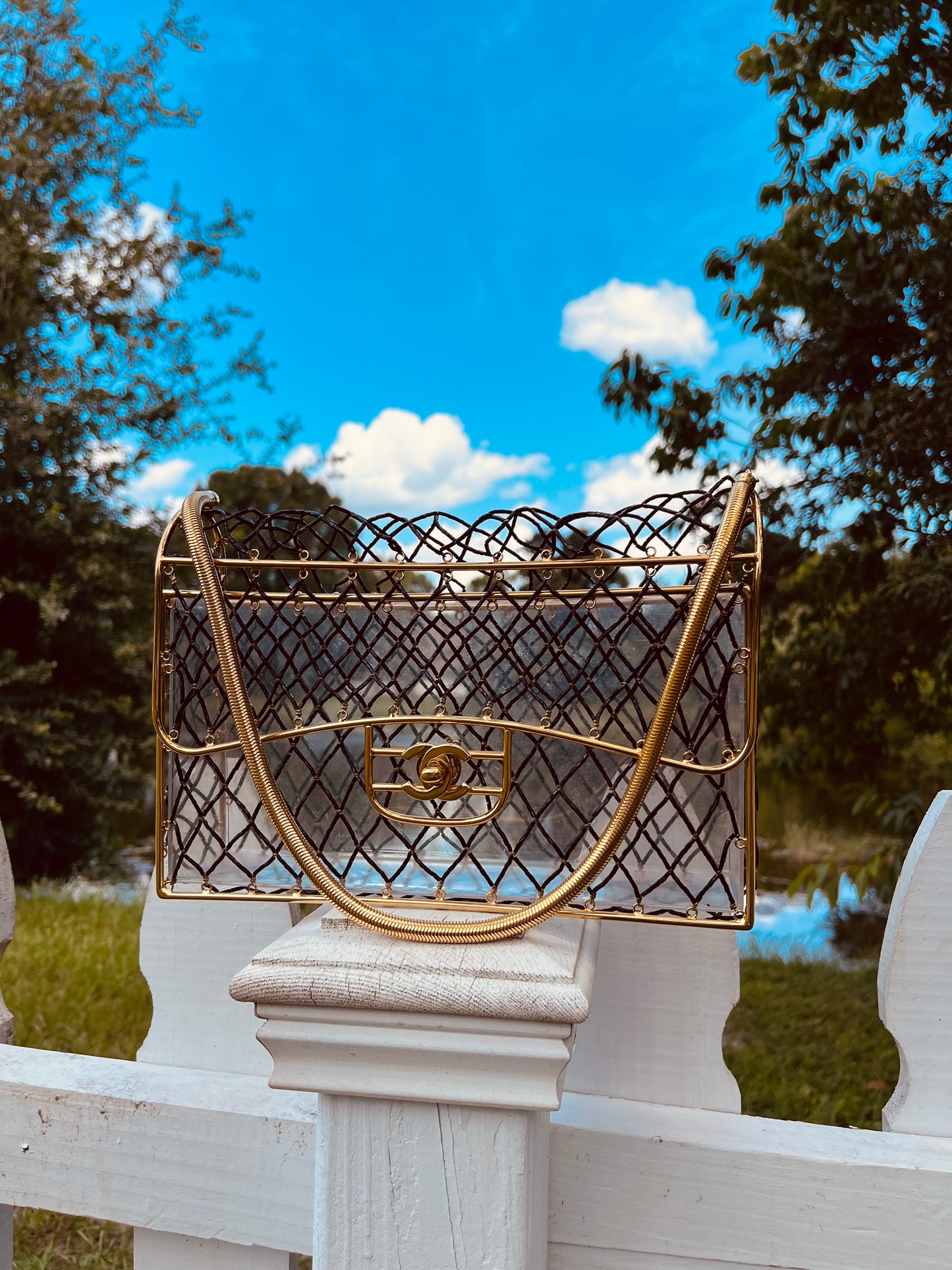 Chanel 1990s Black Beaded Lucite Medium Cage Flap