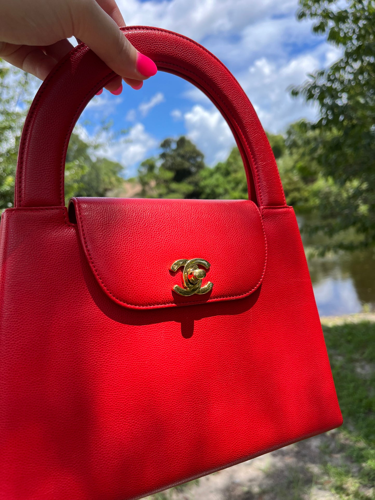 Chanel Vintage Medium Red Caviar Kelly Top Handle