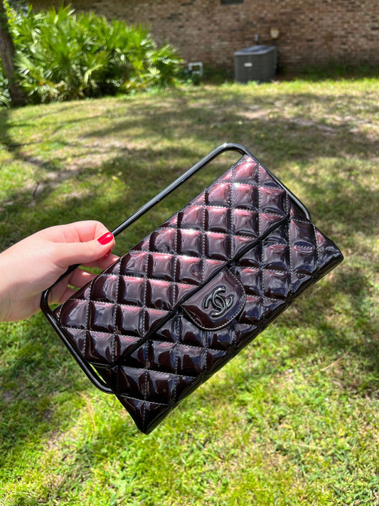 Chanel Classic Flap Patent Metallic Black Frame Clutch