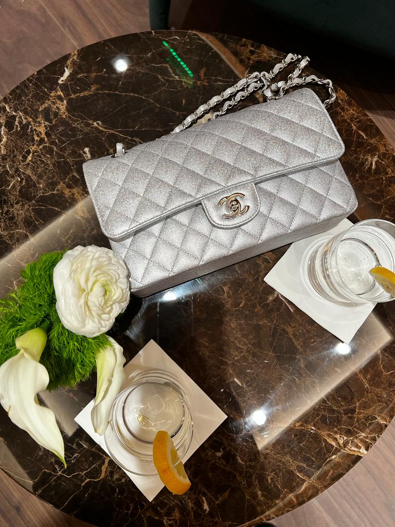 Chanel 21K Medium Flap Bag Silver Metallic Caviar Leather Silver Tone Hardware 2021