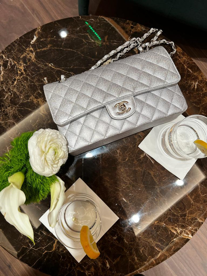 Chanel 21K Medium Flap Bag Silver Metallic Caviar Leather Silver Tone Hardware 2021